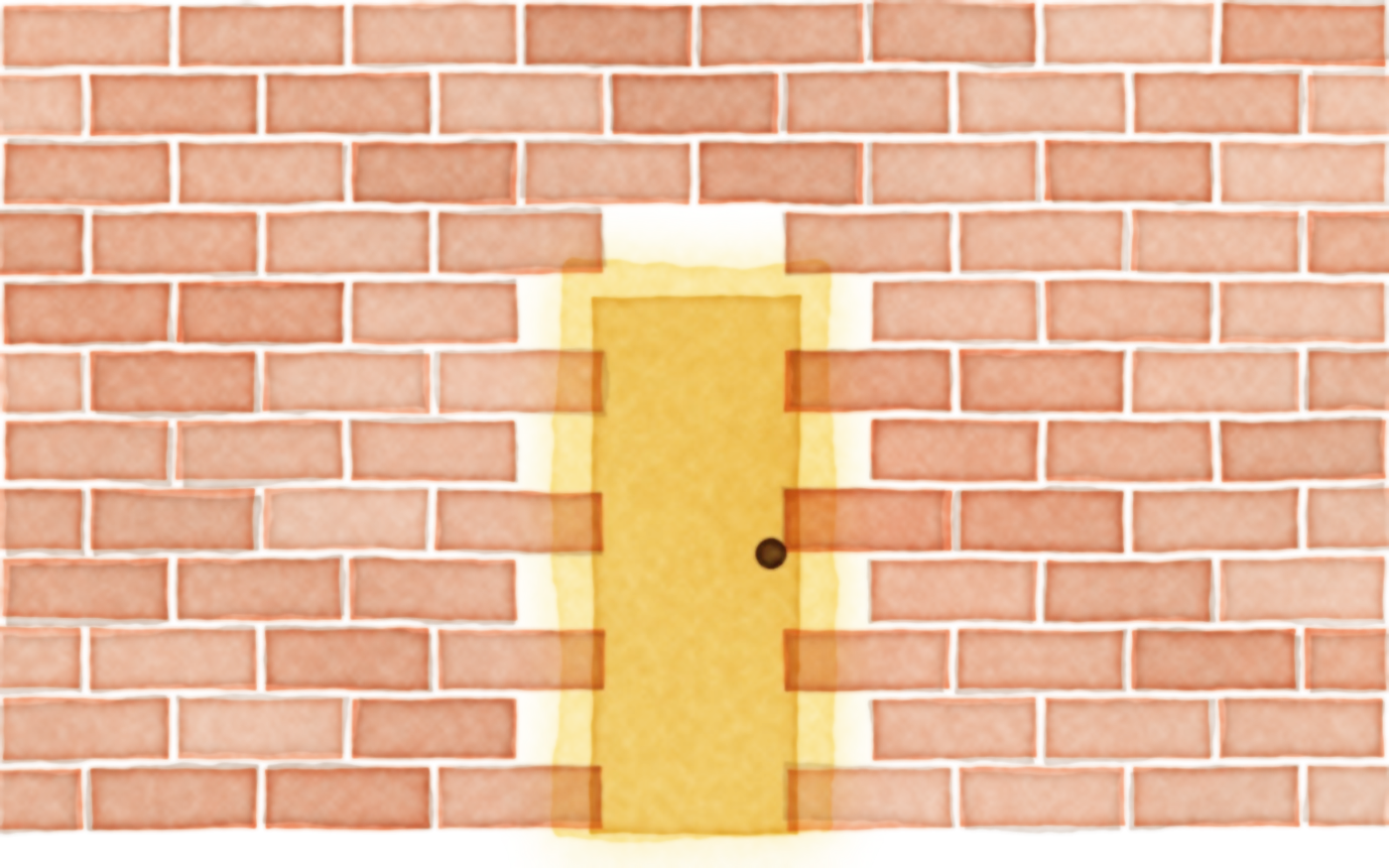 Watercolor of a red brick wall with a glowing golden door set into it.