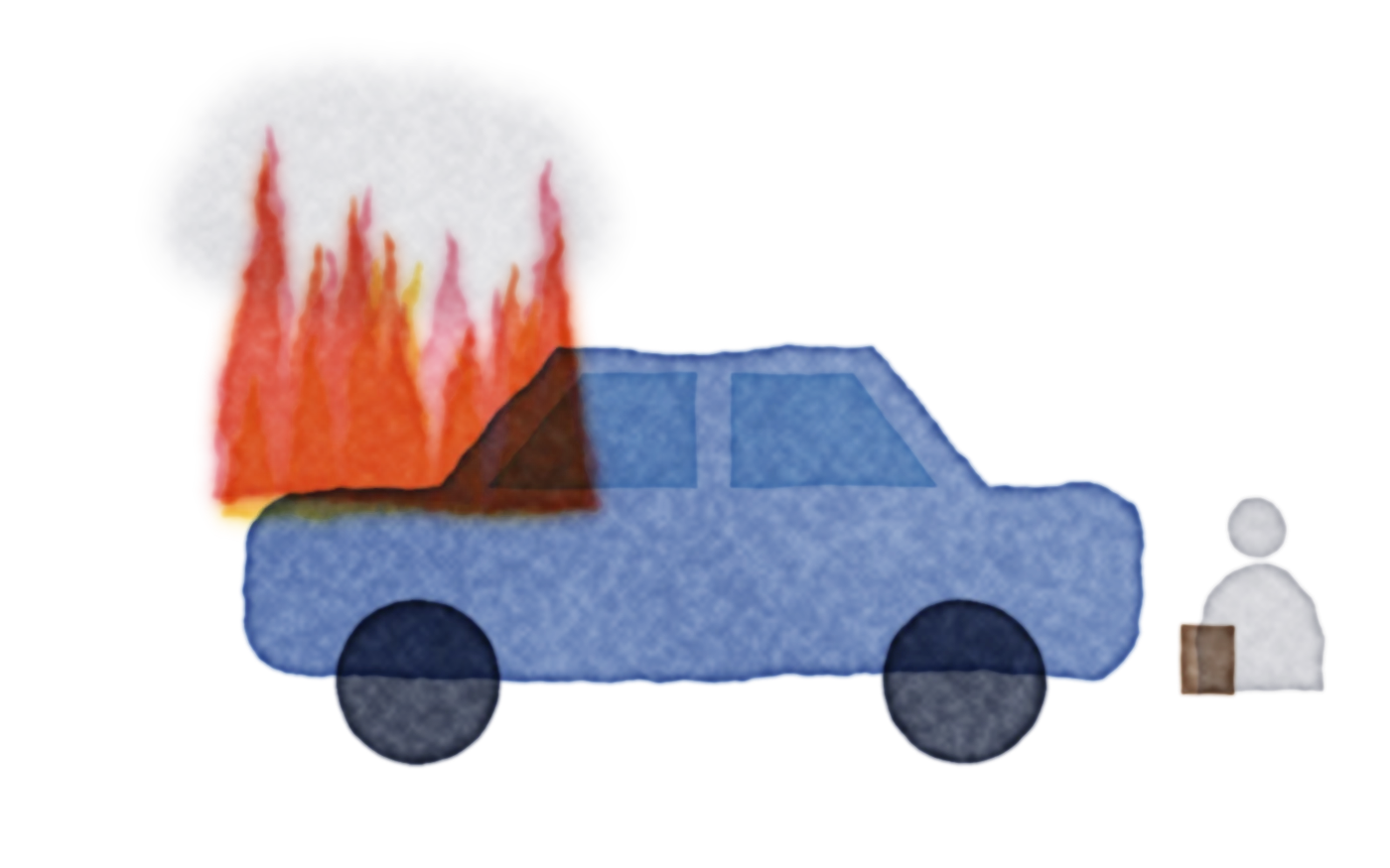 Watercolor of a blue car with flames rising from the hood.