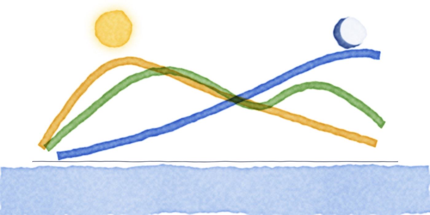Watercolor of three energy curves across one day: an ochre curve peaking in the morning, a green curve with two peaks, and a blue curve rising to an evening peak, with a sun on the left and a crescent moon on the right.