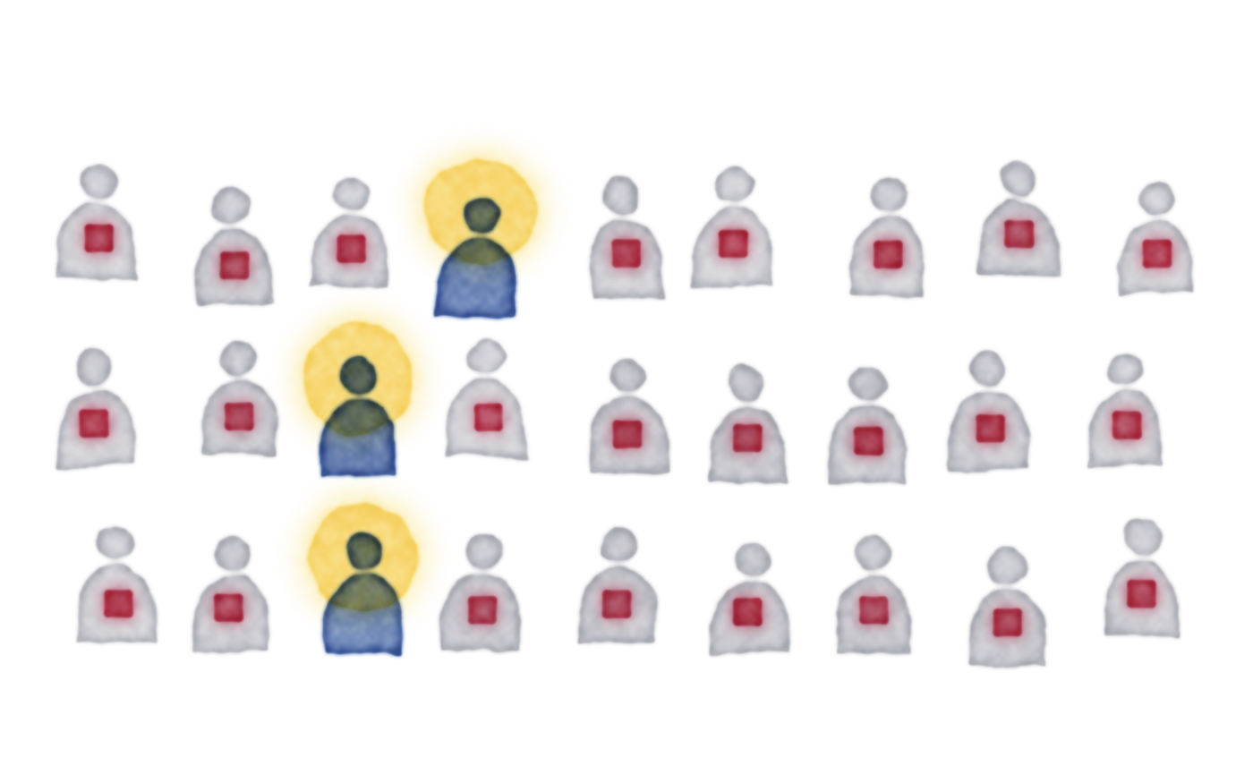 Watercolor of rows of grey figures looking down at glowing red phones, with three figures in blue whose heads glow gold.