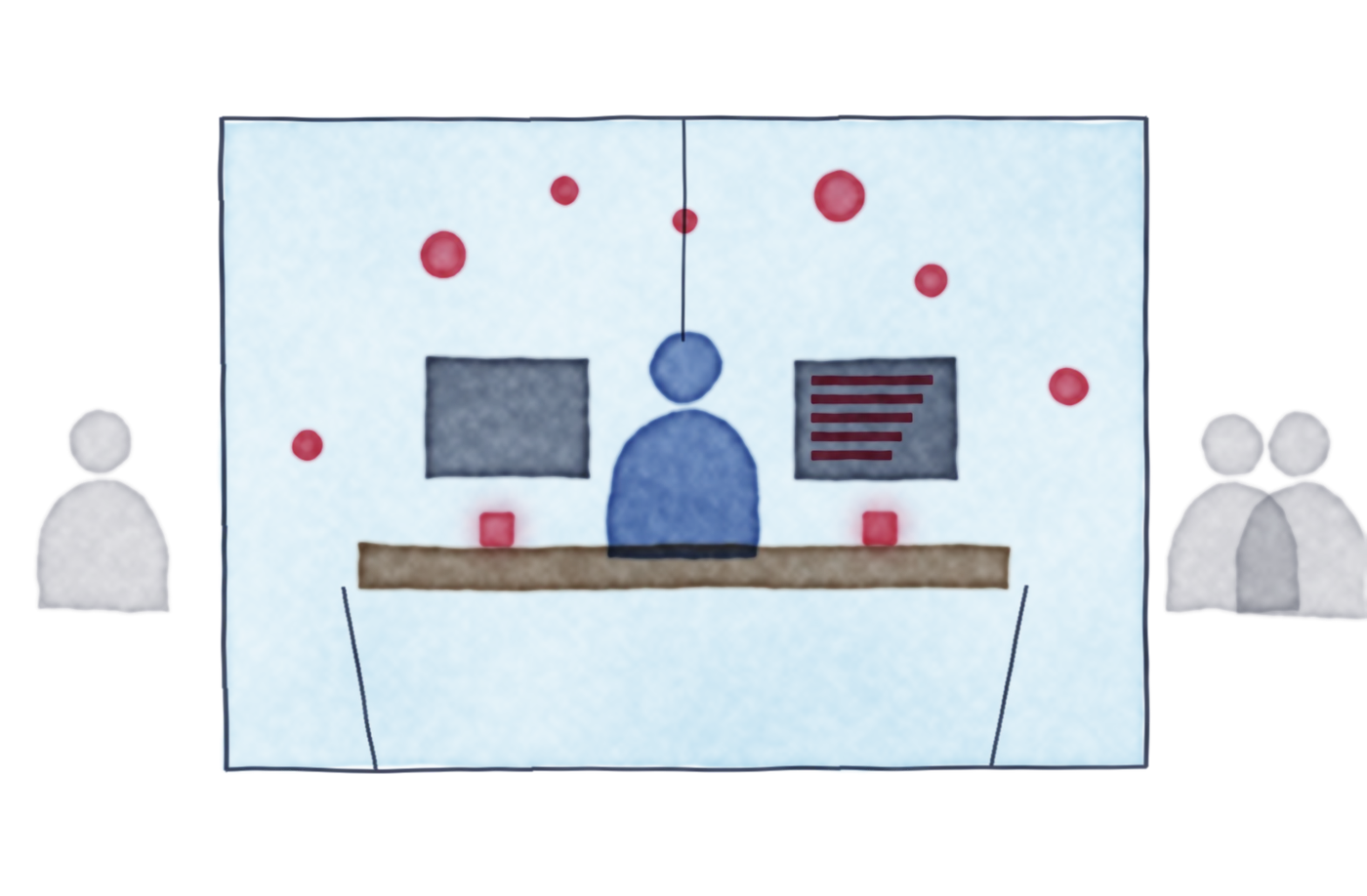 Watercolor of a man at a desk inside a glass office with two monitors and two phones, colleagues walking past outside, red dots floating around him.