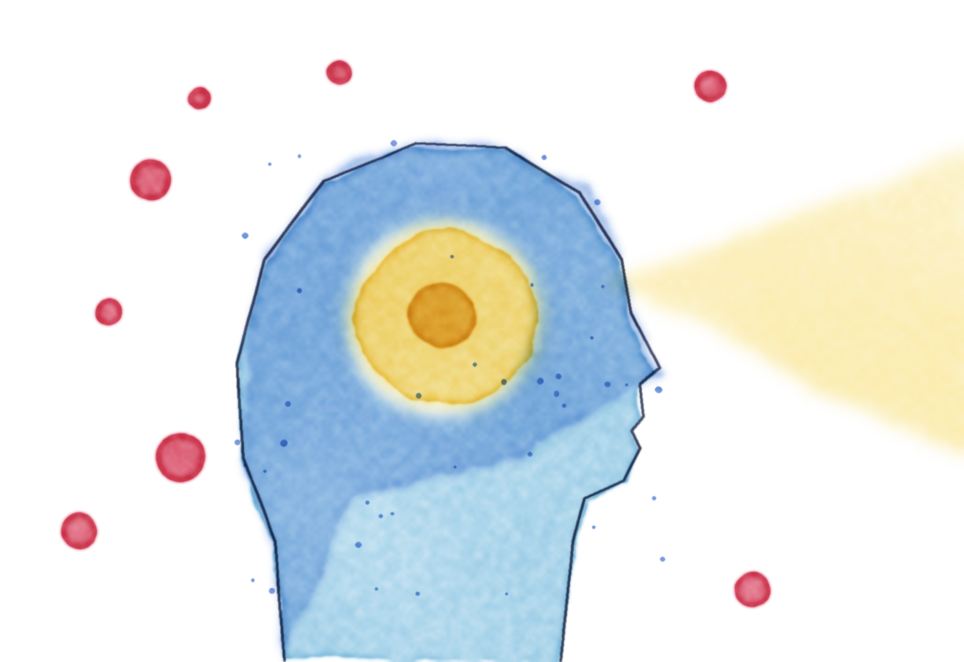 Watercolor of a head in profile. A warm glow sits where the mind is and a beam of light shines forward from the eyes, while red dots crowd the edges like notifications.