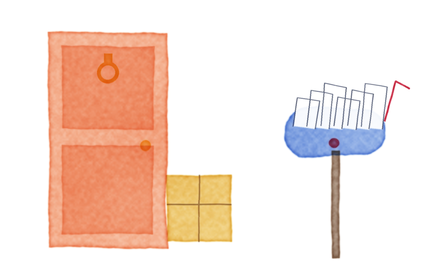 Watercolor of a red front door with a knocker and a package waiting for signature, beside an overflowing blue mailbox on a post.