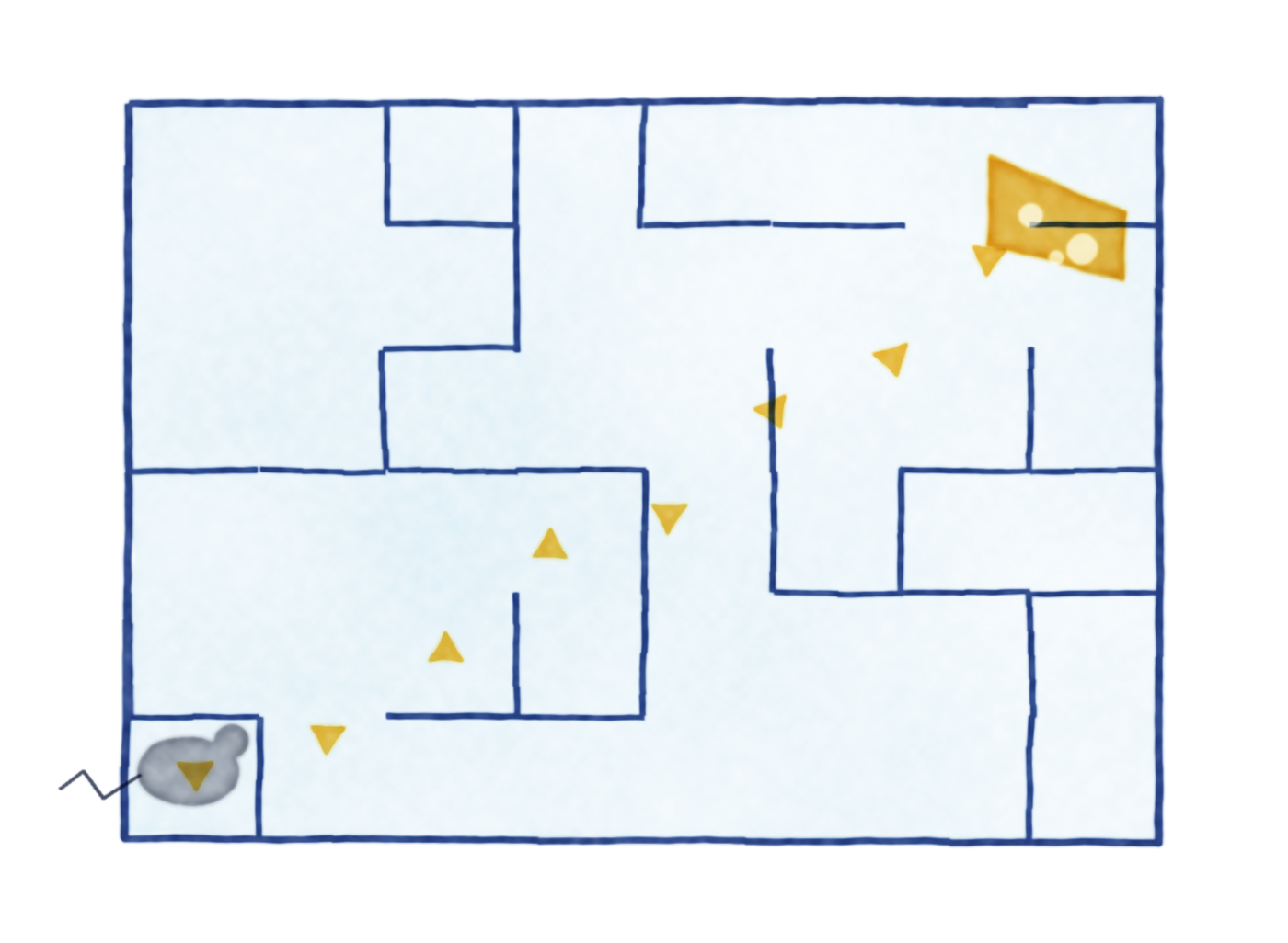 Watercolor maze with a grey mouse at the start, a wedge of cheese at the end and gold crumbs along the route.