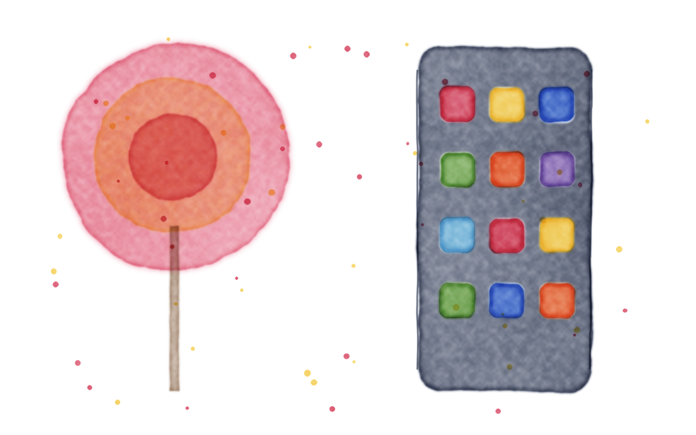 Watercolor of a bright lollipop beside a phone covered in saturated app icons.