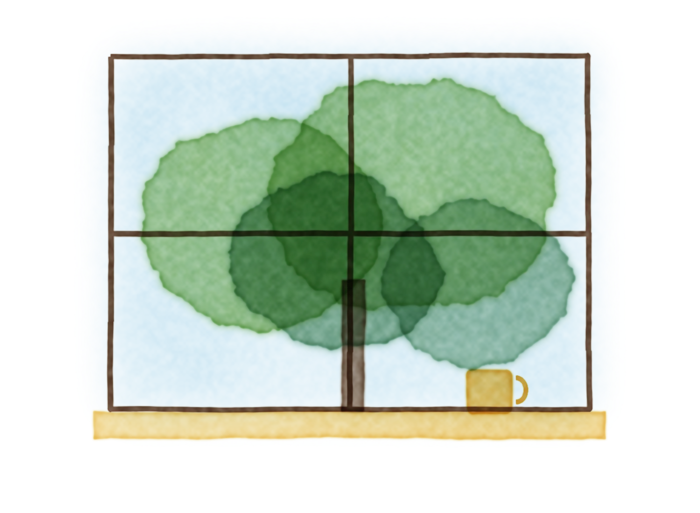 Watercolor of a window looking onto a green tree, with a pink mug on the sill.